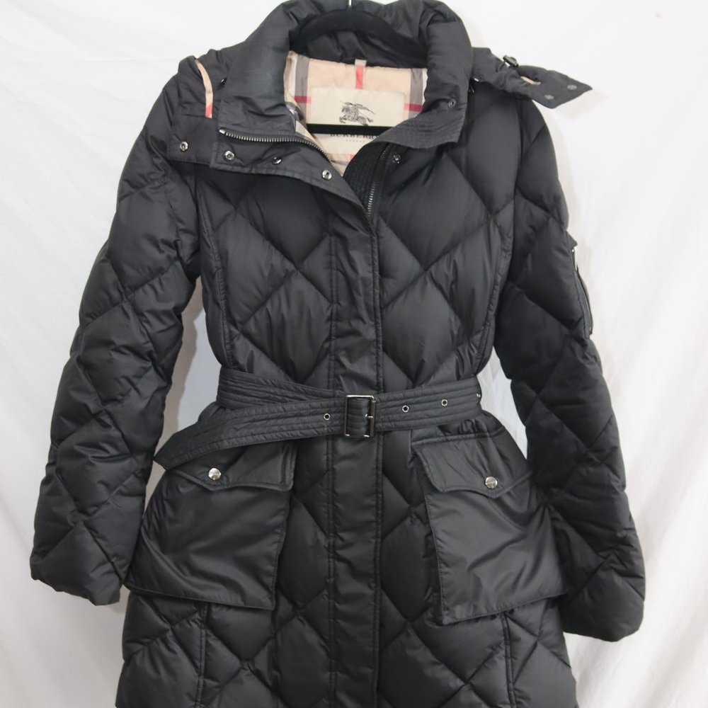Burberry Black Down Filled Quilted Hooded Coat Jacket size Large